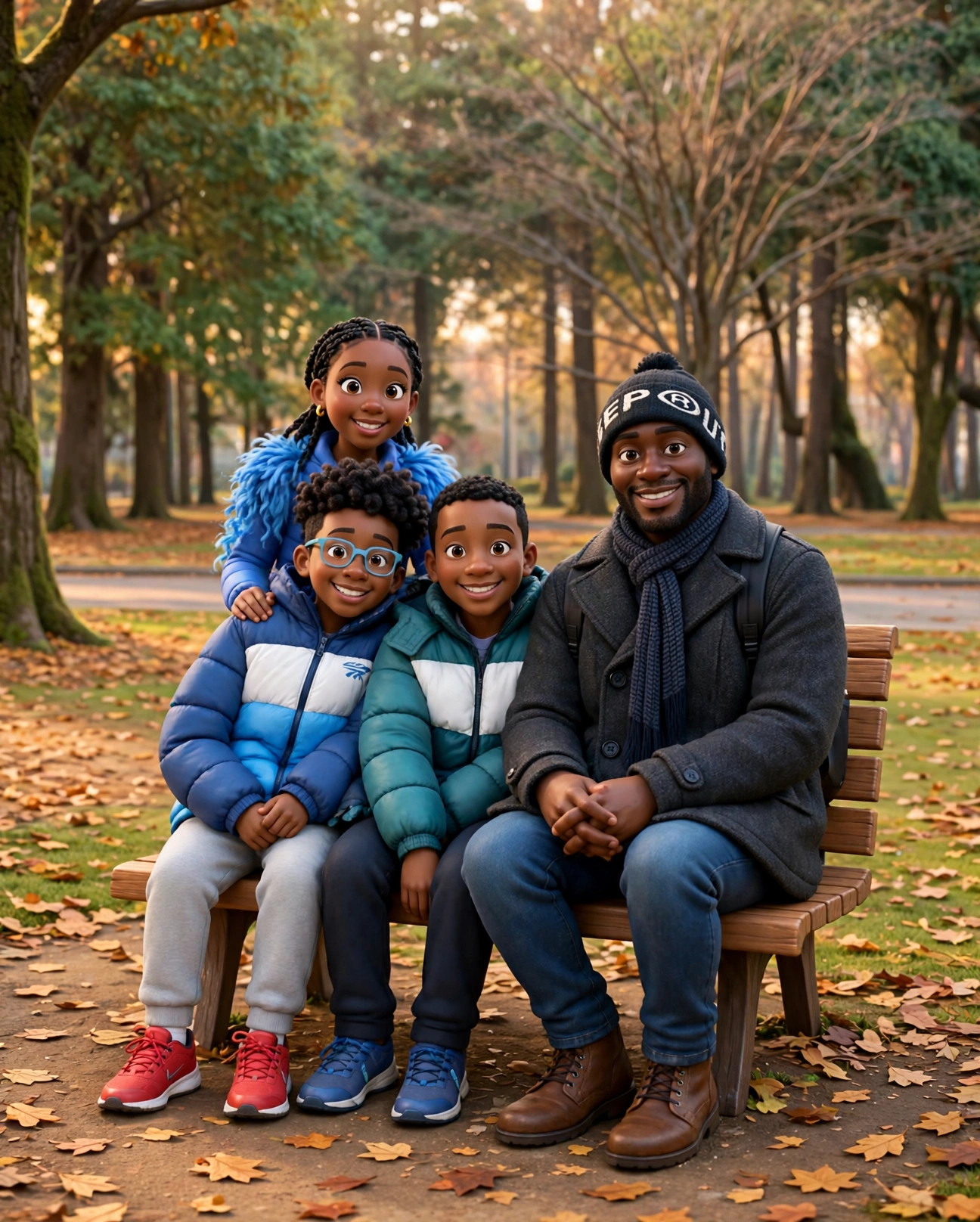 Yaw, founder of Drawtopia, with his three kids, illustrated in 3D style