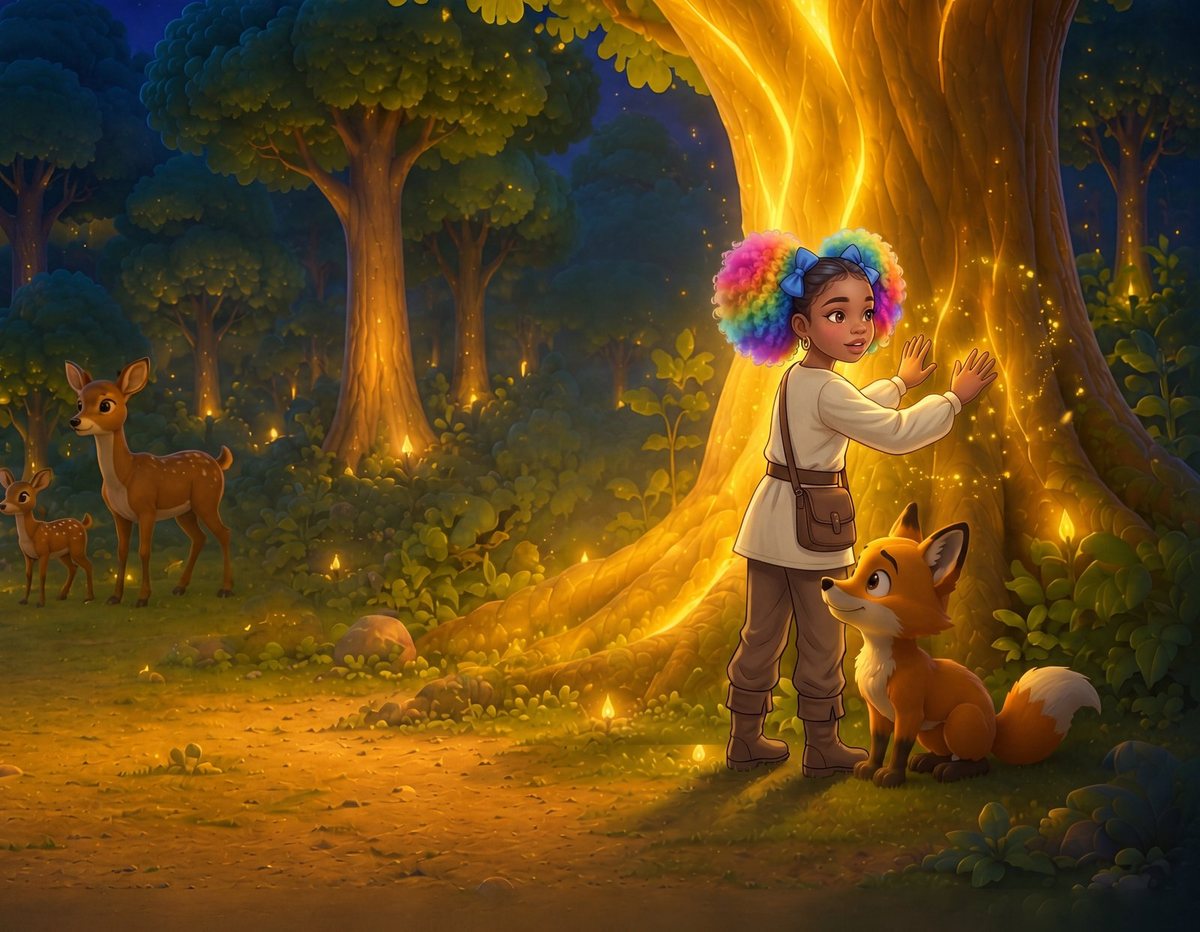 The hero touching the glowing Great Tree as its light returns, deep in the Enchanted Forest