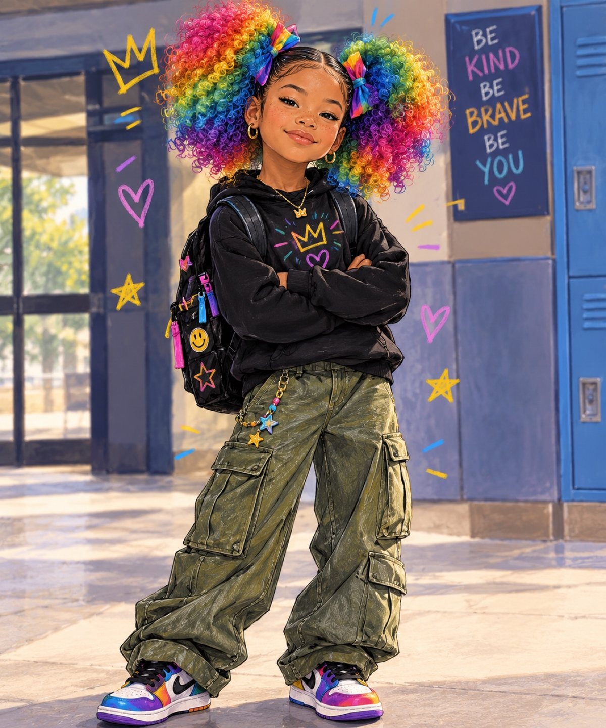 The photo a parent uploaded: a smiling girl with two big rainbow afro puffs, wearing a black hoodie and olive cargo pants