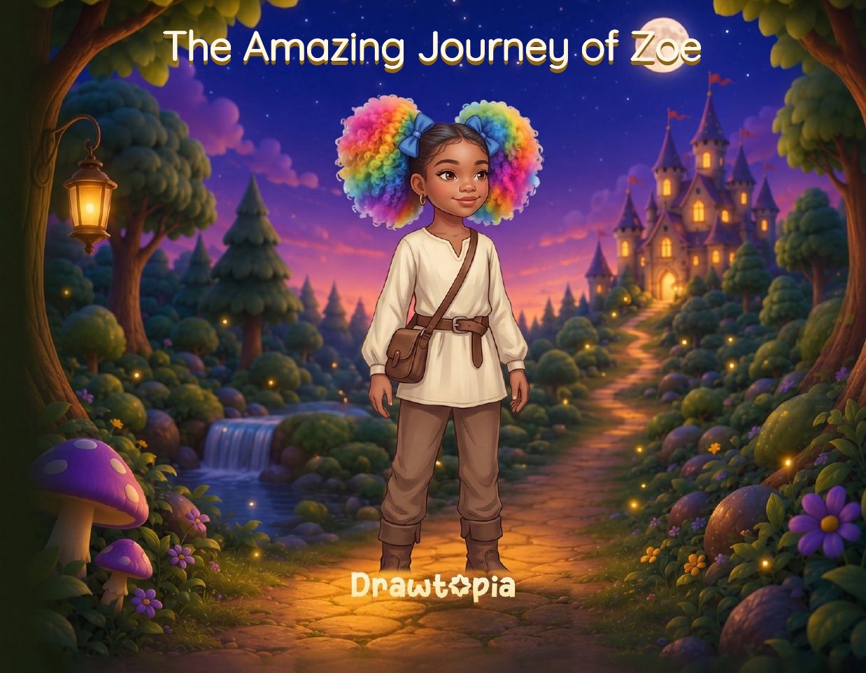 The Amazing Journey of Zoe, a real Drawtopia book: Zoe in the Enchanted Forest with the castle lit behind her