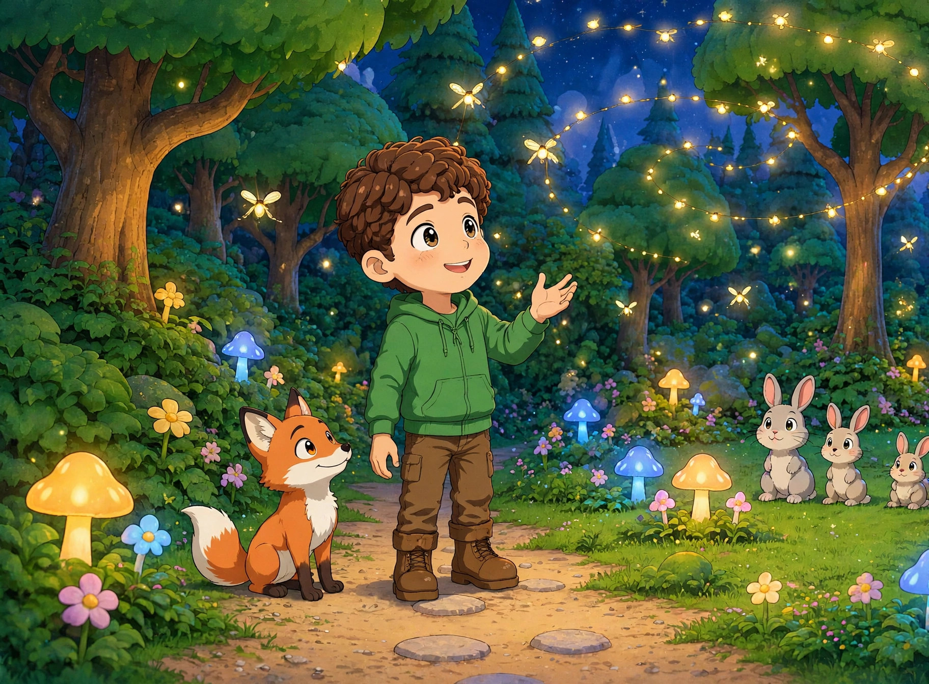 The same Drawtopia book page in anime style: a child and Fern the fox under strings of golden light