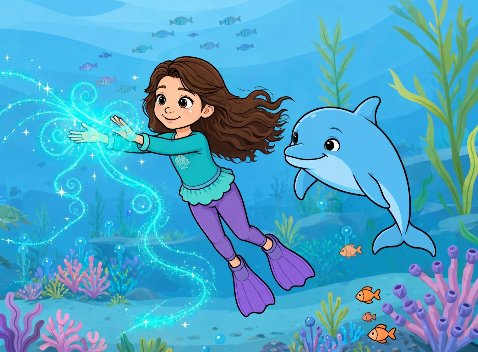 The same Drawtopia book page in cartoon style: a child and Echo the dolphin surrounded by ribbons of ocean light
