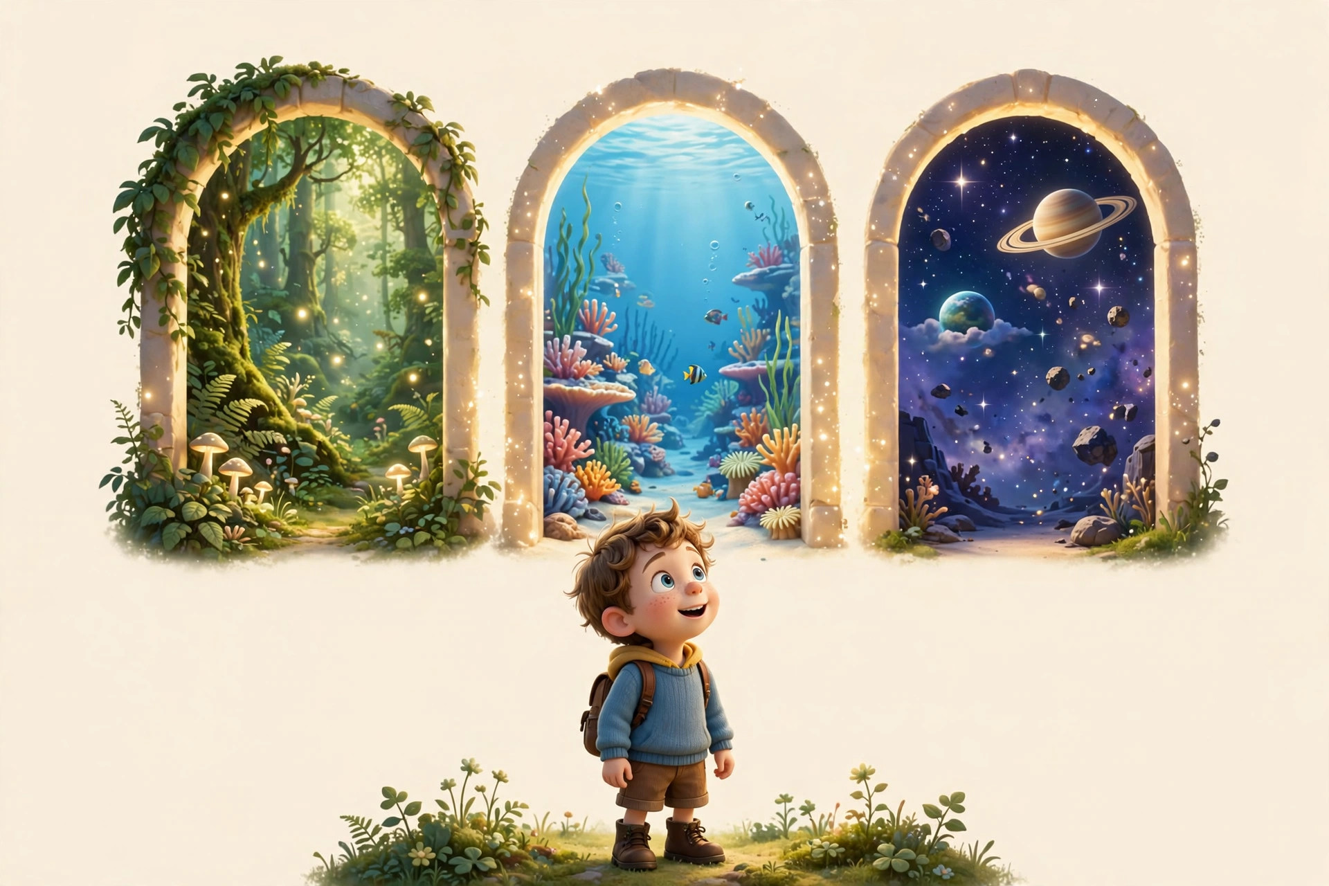 A young boy standing before three glowing doorways opening onto a forest, an underwater world, and outer space