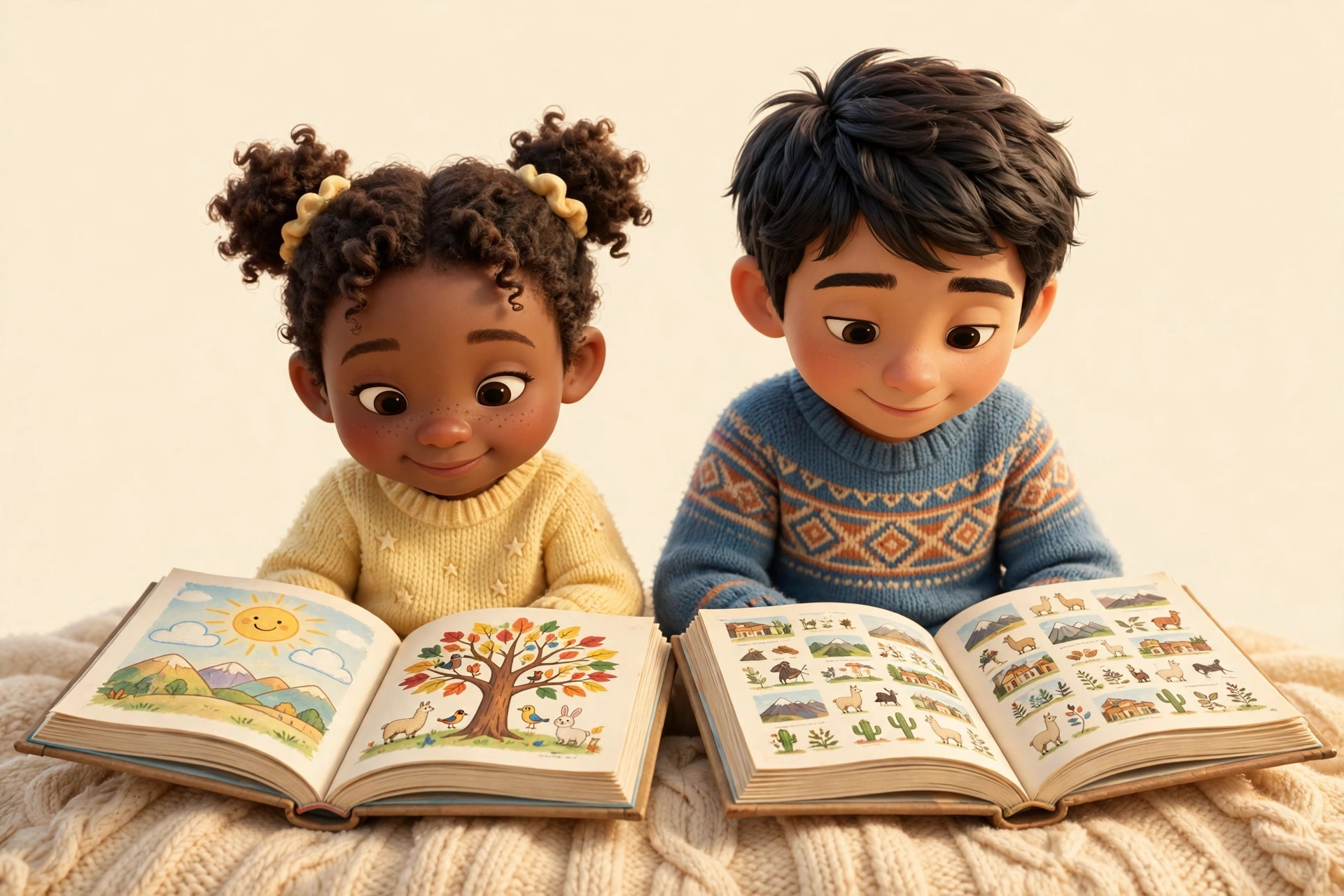 A younger girl reading a big, simple picture book beside an older boy reading a fuller book of his own