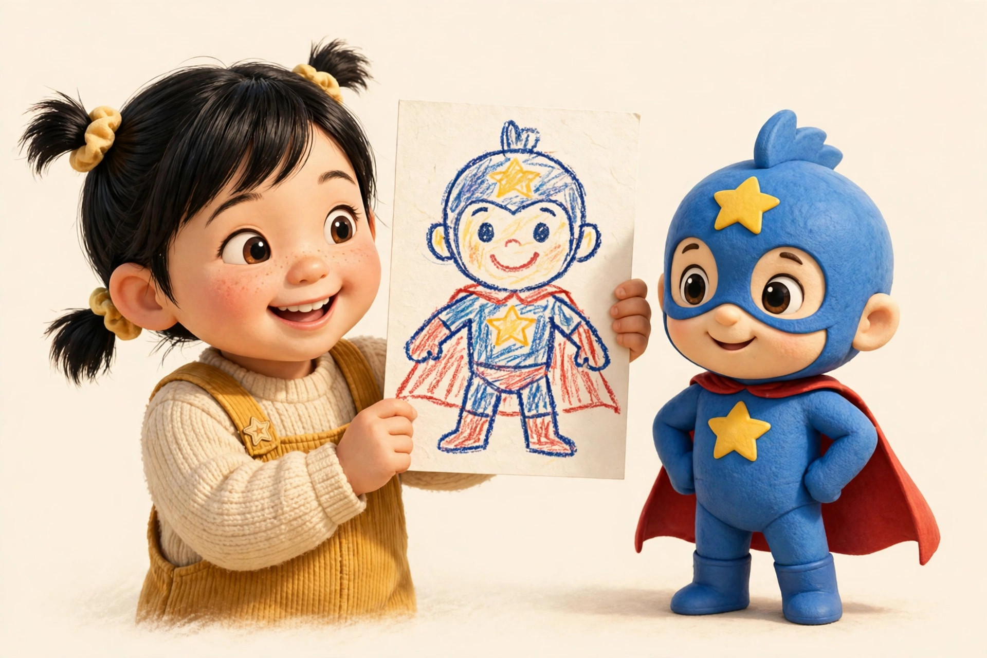 A young girl proudly holding up her crayon drawing, with the same hero standing beside it as a finished 3D storybook character