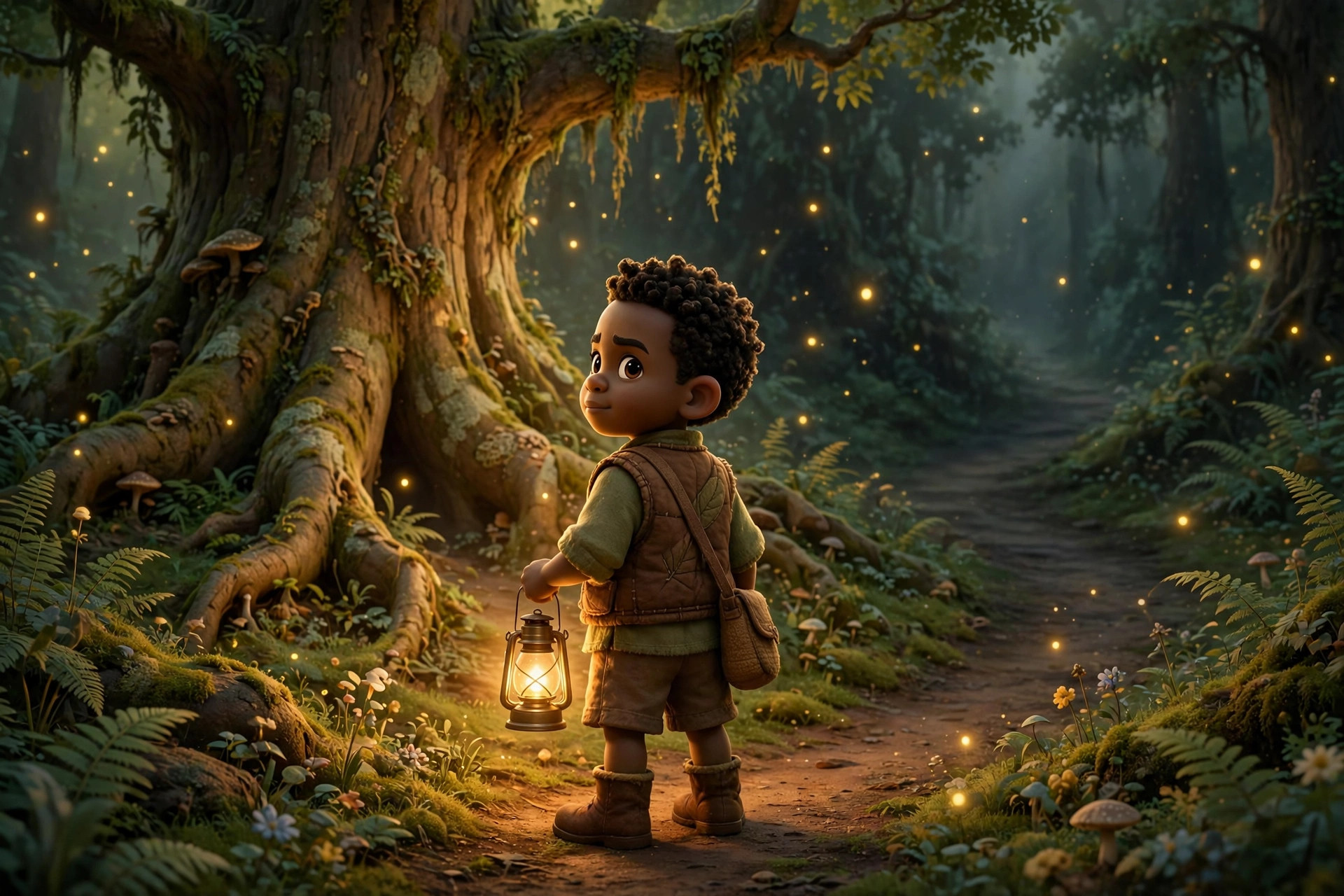 A young hero holding a small lantern, standing before a great tree in an enchanted forest