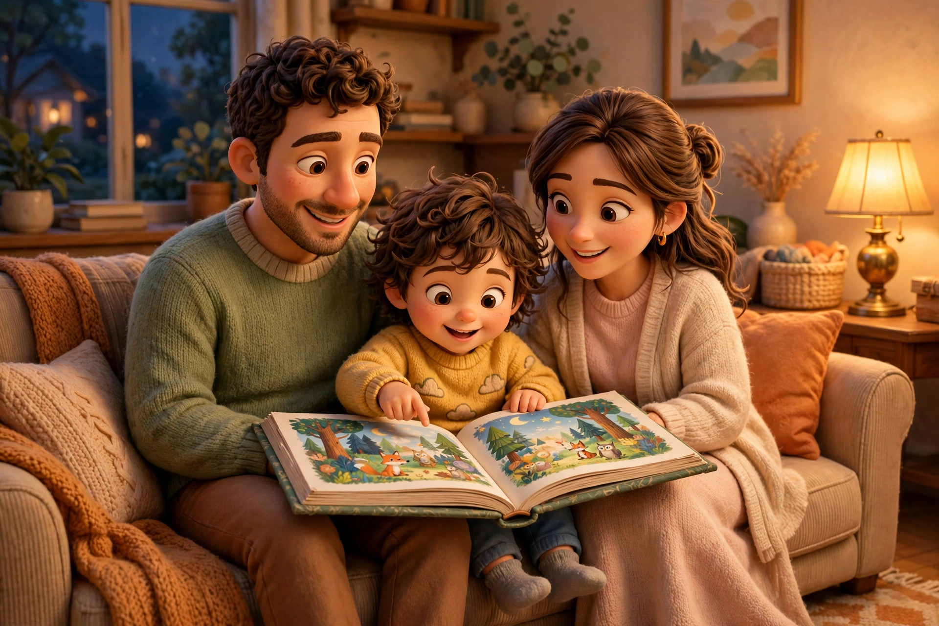 Two parents on a couch in warm evening light, reading a printed picture book with their child