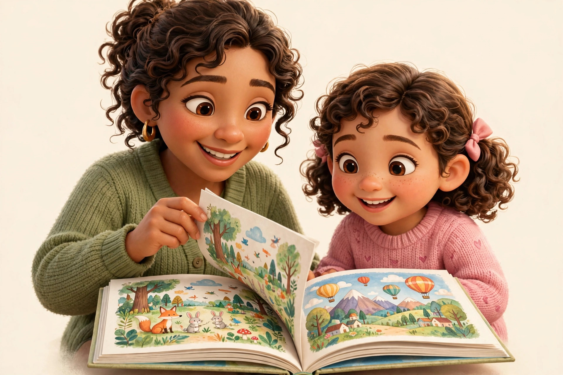 A mother turning the page of a finished printed picture book as she reads it with her young daughter