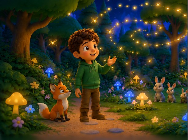 A child and Fern the fox under strings of golden light in the Enchanted Forest