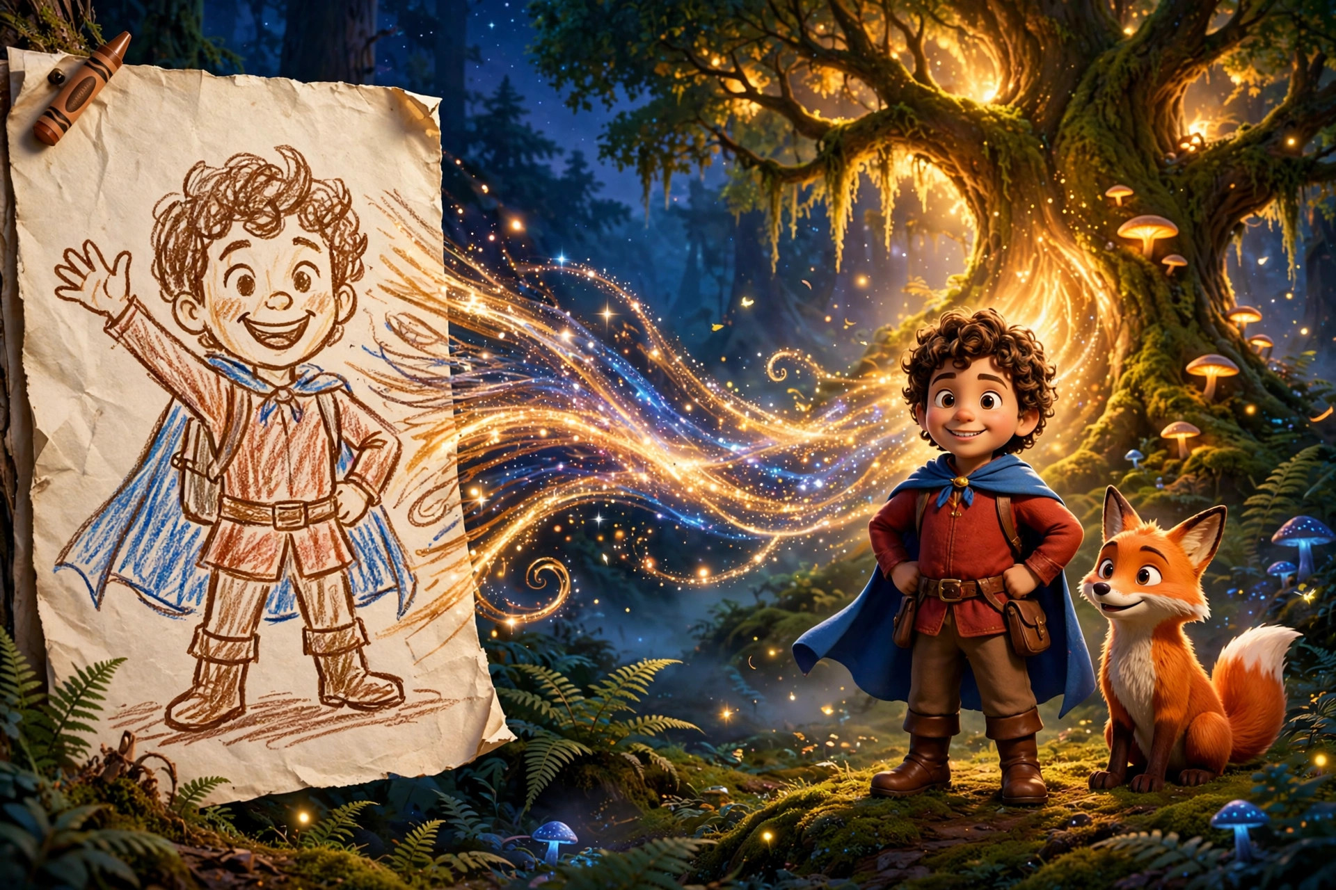 A child's crayon drawing of a hero lifting off the page and becoming a real 3D storybook hero, standing with a fox beneath a glowing tree in the Enchanted Forest