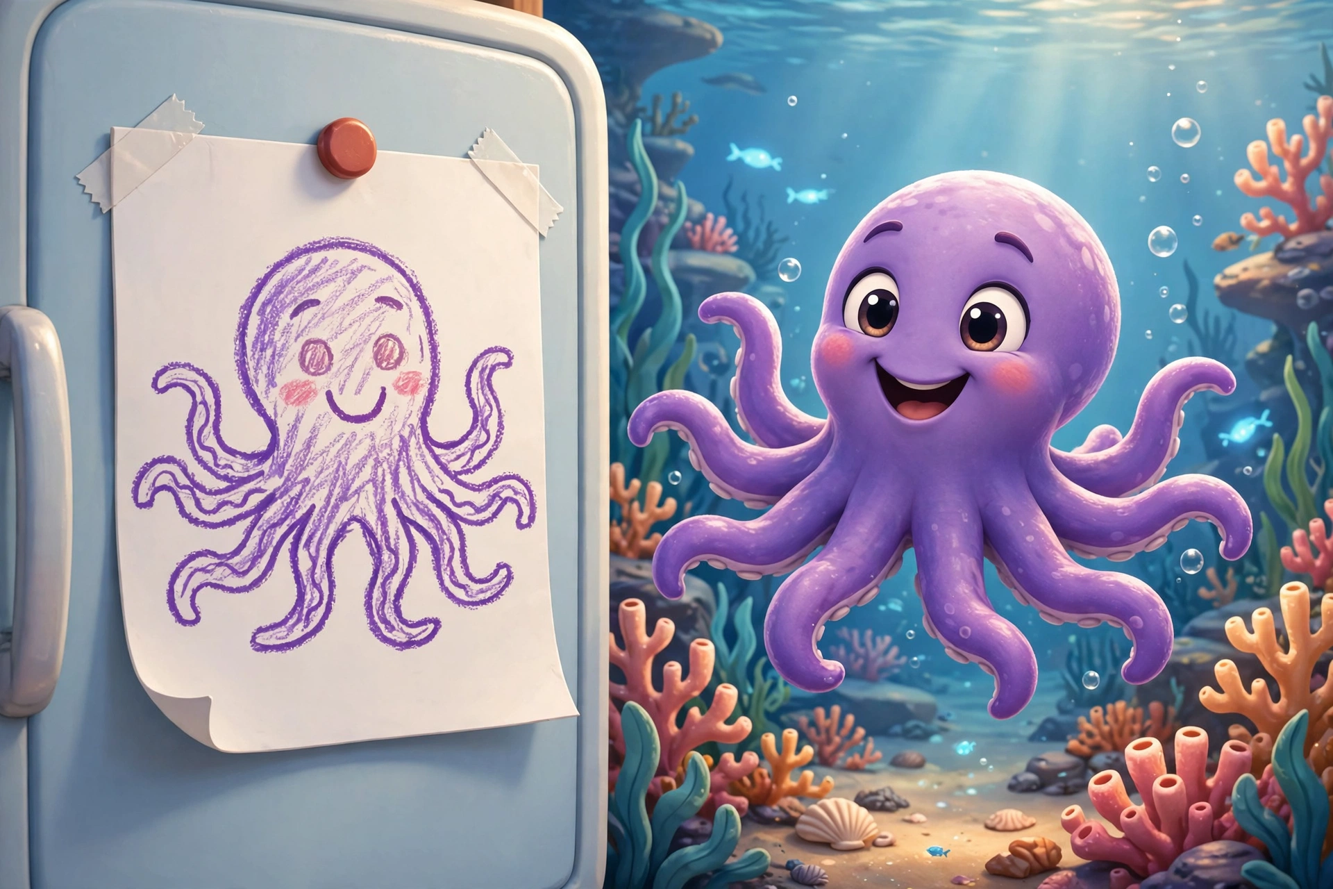 A child's crayon drawing of a purple octopus stuck to a fridge, beside the same smiling octopus brought to life as a 3D storybook character in an underwater kingdom