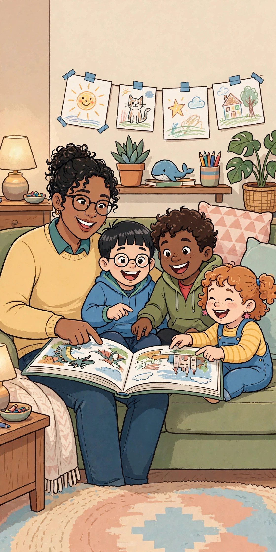 The founding family of Drawtopia, a mom reading a storybook with her three kids, their drawings taped to the wall behind them, illustrated in Drawtopia's cartoon style