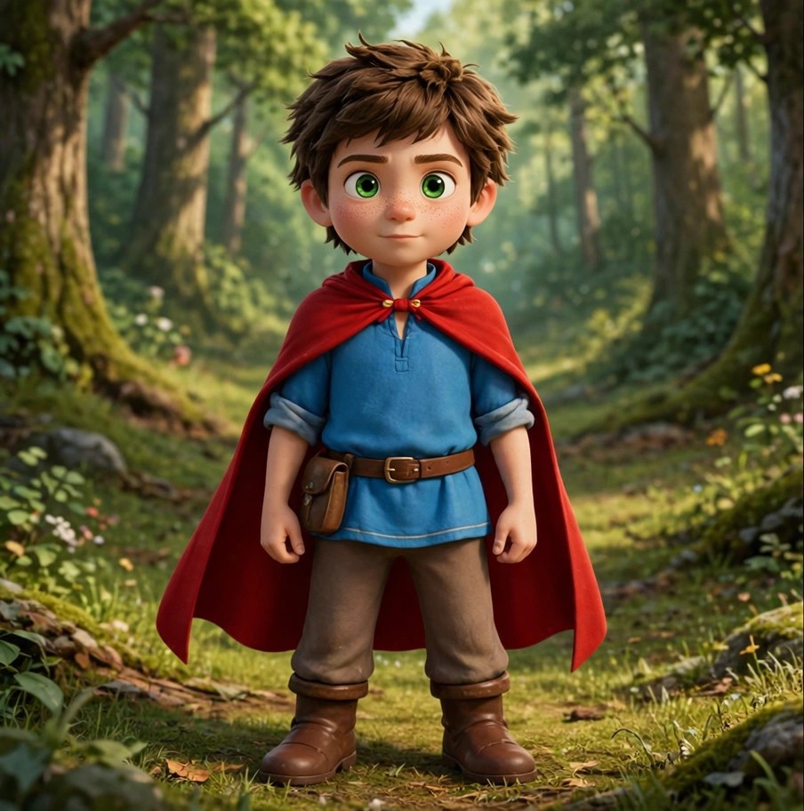 The same young hero in a red cape, finished in Drawtopia's glossy 3D style