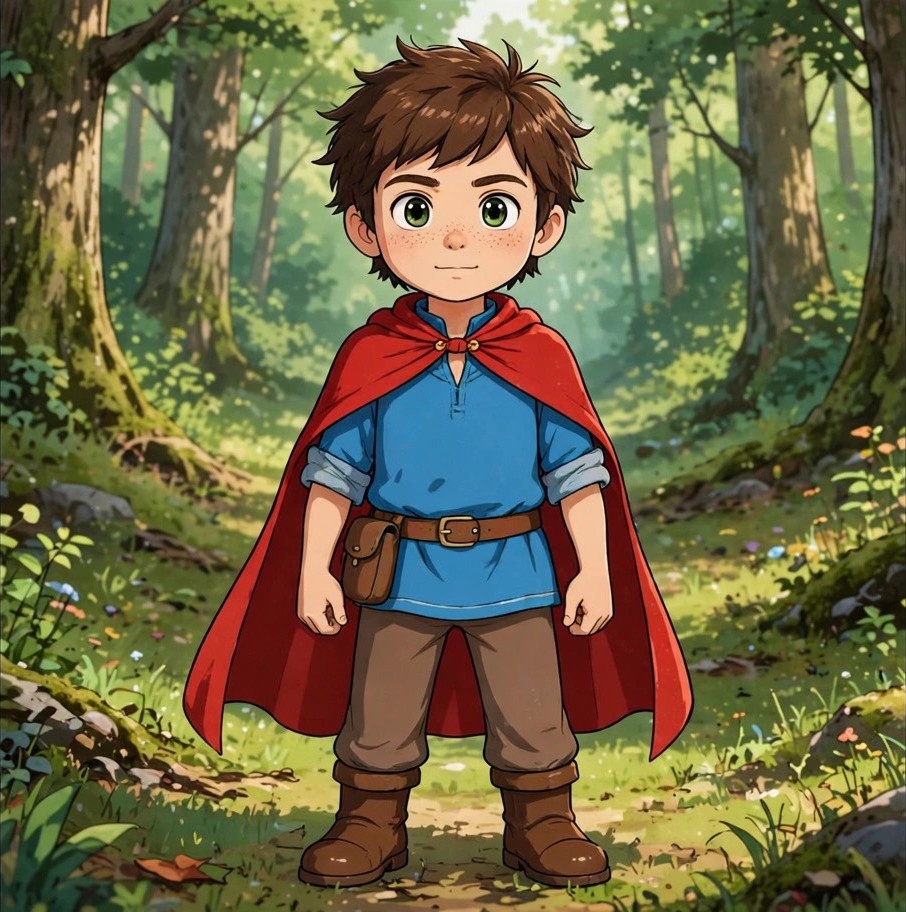 The same young hero in a red cape, finished in Drawtopia's bright anime style