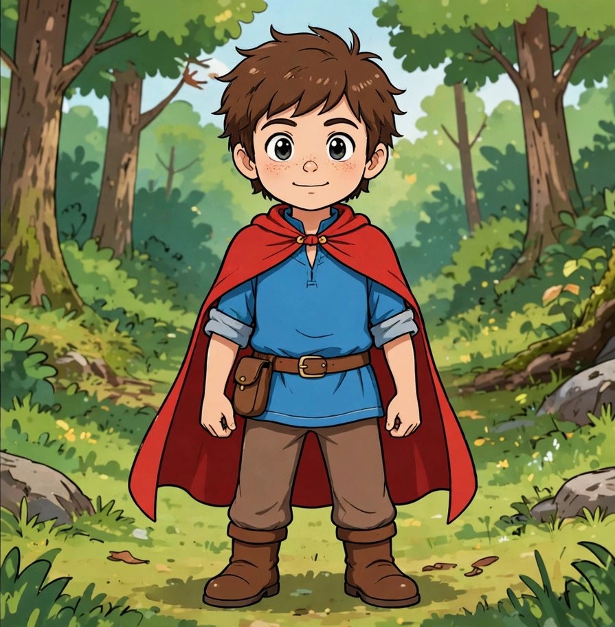The same young hero in a red cape, finished in Drawtopia's flat cartoon style
