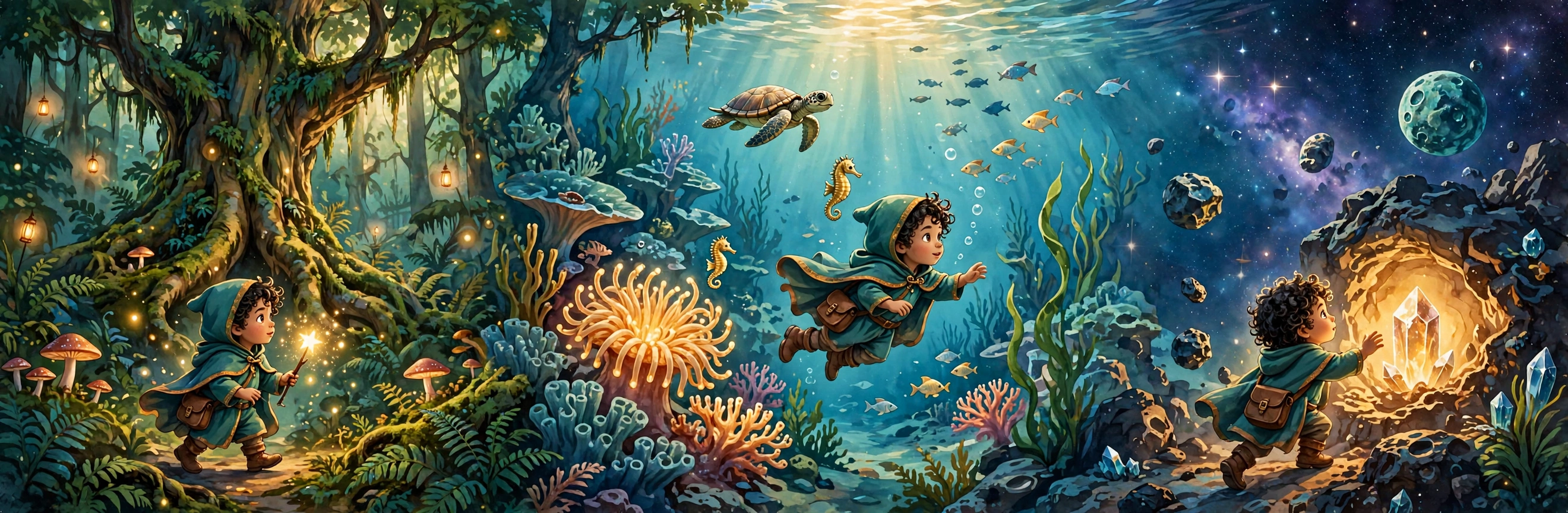 One continuous storybook panorama flowing through all three Drawtopia worlds with the same small hero in a teal cloak in each: the Enchanted Forest with its lantern-lit great tree melts into the Underwater Kingdom with its glowing anemone, turtle, and seahorses, which rises into Outer Space, where the hero reaches for a glowing crystal in a rocky hollow