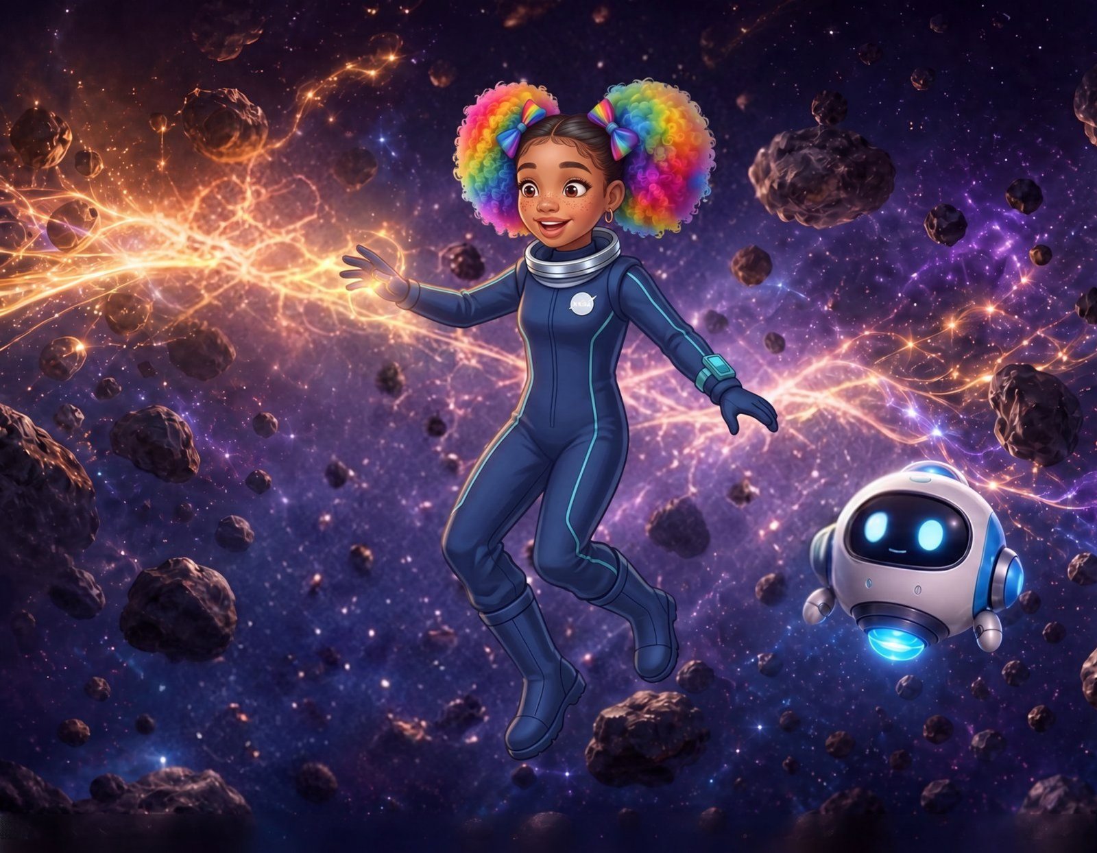 Zoe with Nova in Outer Space, from a real Drawtopia book