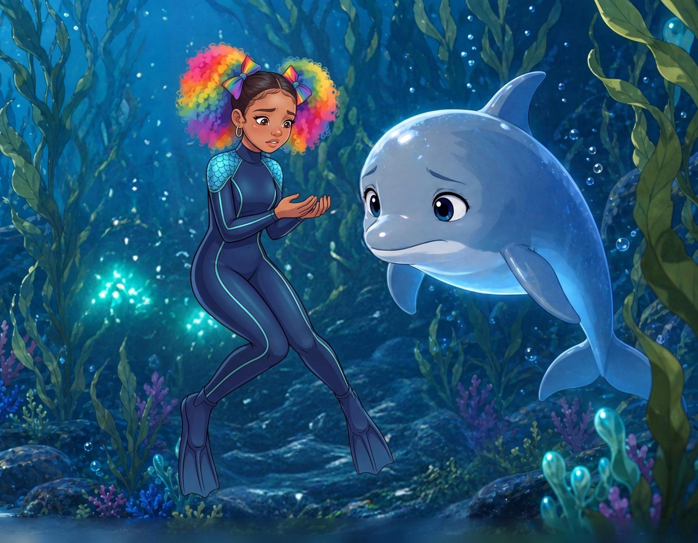 Zoe with Echo the dolphin in the Underwater Kingdom, from a real Drawtopia book